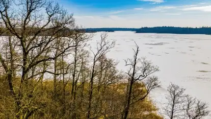 Jezioro Piłwąg w okowach lutowej zimy