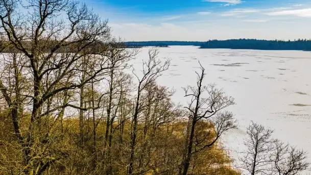 Jezioro Piłwąg w okowach lutowej zimy