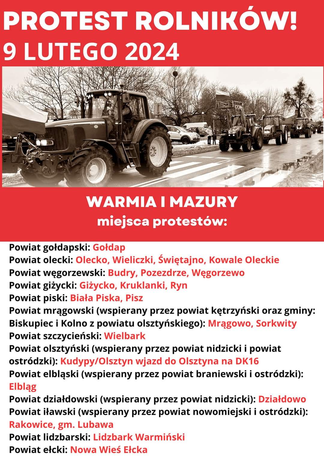 Uwaga kierowcy. Dziś rolnicy będą blokowali drogi również na Mazurach